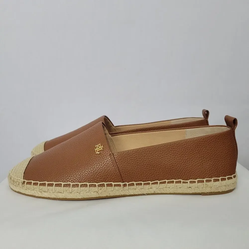 Lauren Ralph Lauren Camryn Tumbled Leather Espadrille size in 10 Deep Saddle Tan